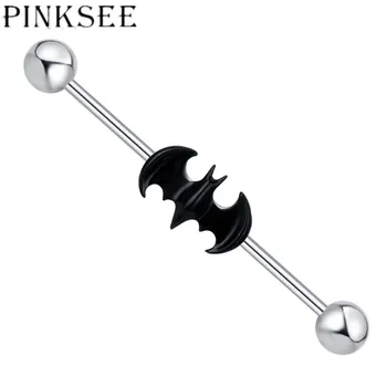  Pinksee Jednoduché Retro Chirurgickej Nerezovej Ocele 1.6*38*6mm Loptu 14G Dlho Priemyselné Činku Black Bat Telo Ear Piercing Šperkov